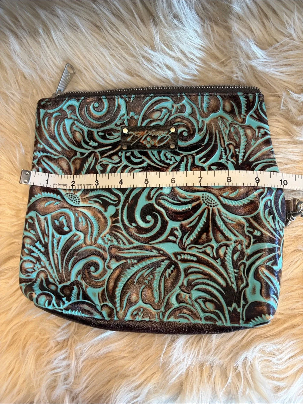 Patricia Nash Turquoise and Brown Tooled Floral Wristlet Clutch